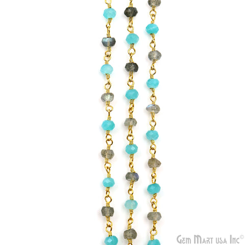 Aqua Chalcedony & Labradorite Faceted Beads 3-3.5mm Gold Plated Gemstone Rosary Chain