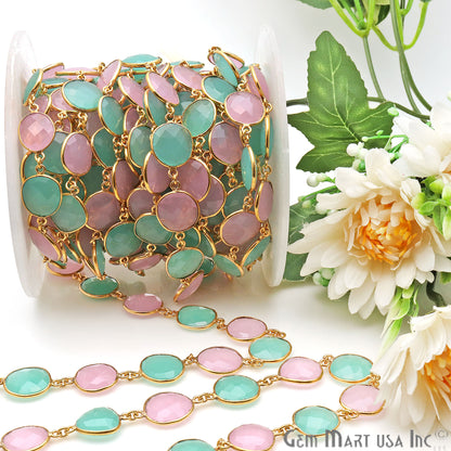 Rose With Aqua Chalcedony 10-15mm Free Form Gold Continuous Connector Chain - GemMartUSA