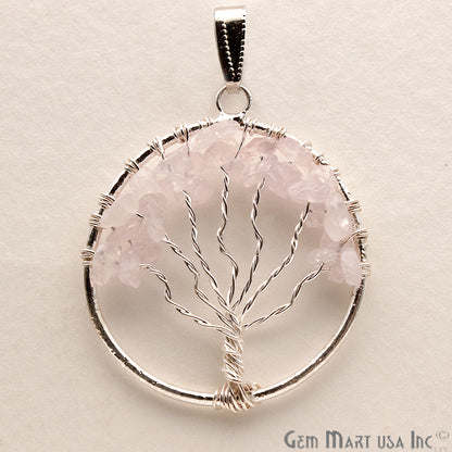 Tree of Life Rose Quartz Silver Wire Wrapped 44x39mm Chakra Pendant - GemMartUSA