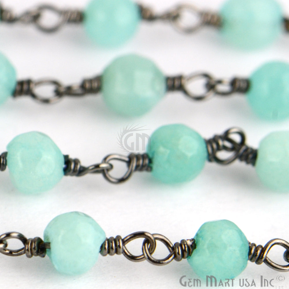 Aqua Jade 4mm Oxidized Wire Wrapped Beads Rosary Chain