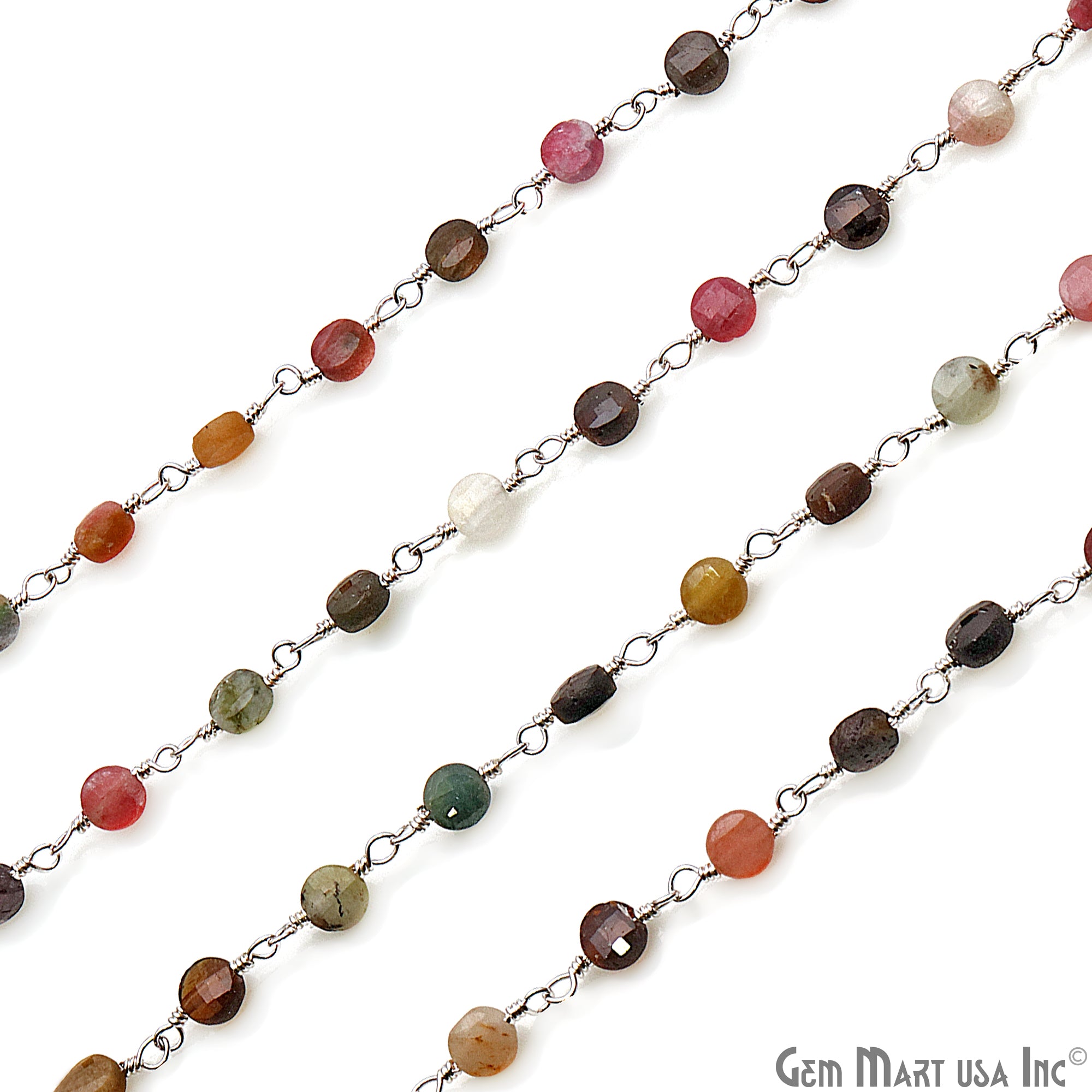 Dark Multi Tourmaline Faceted 3-4mm Silver Wire Wrapped Rosary Chain - GemMartUSA