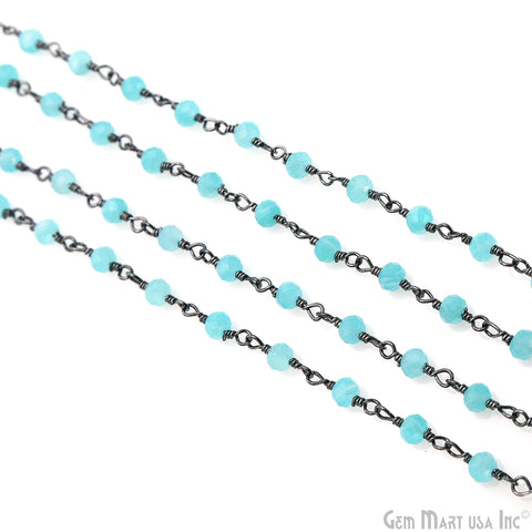 Dark Aqua Chalcedony Faceted Round 3-3.5mm Tiny Beads Oxidized Wire Wrapped Rosary Chain