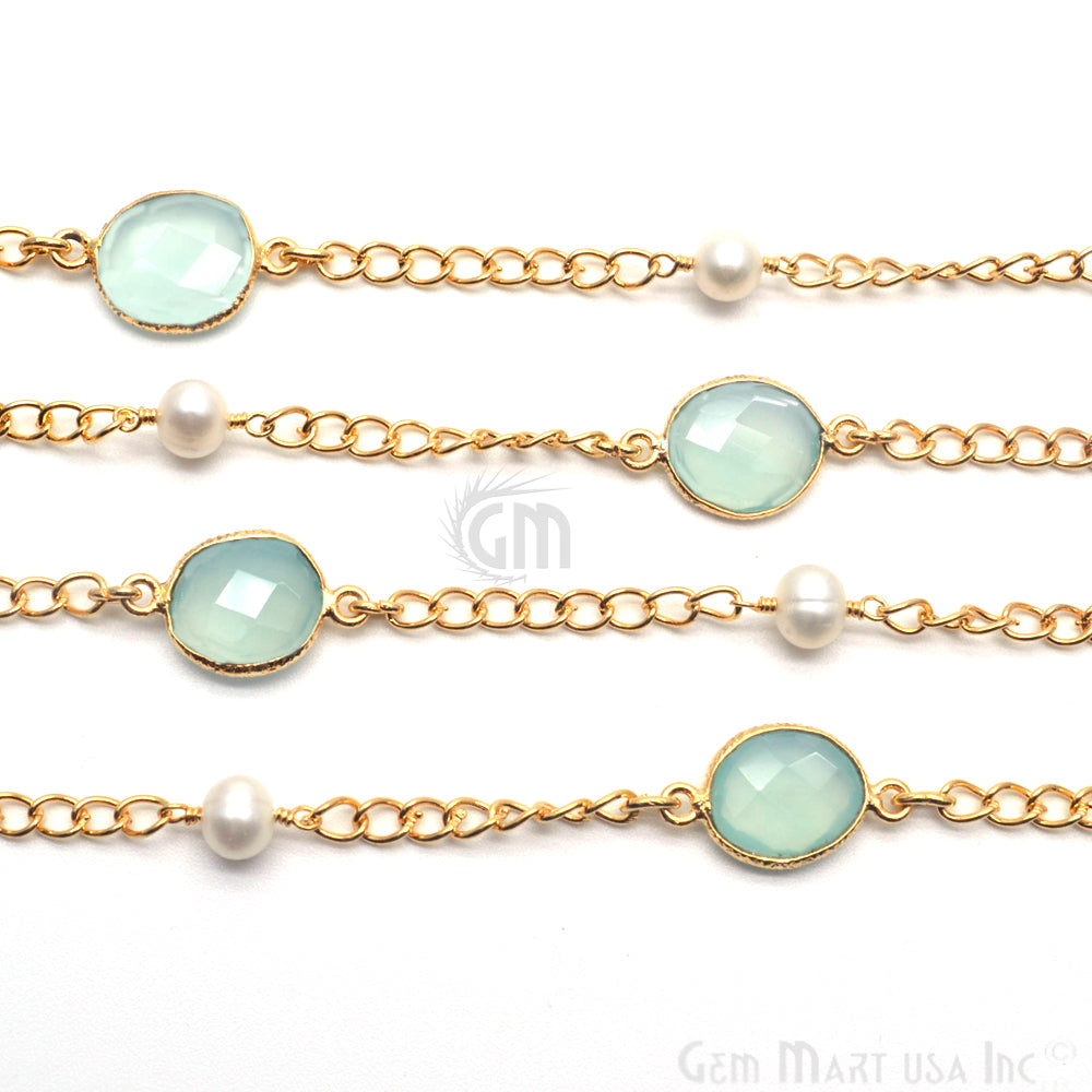 Aqua Chalcedony With Pearl 10mm Gold Plated Bezel Connector Chain - GemMartUSA (764195340335)