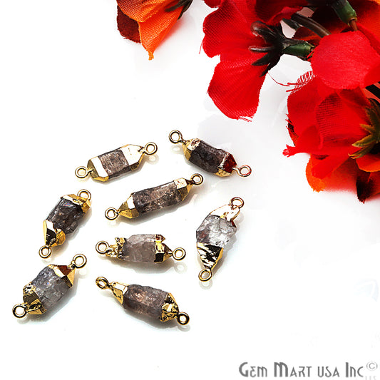 Rough Herkimer Diamond Gemstone 25x8mm Organic Gold Edged Double Bail Connector Charm - GemMartUSA