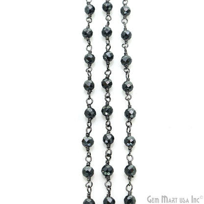 Black Pyrite Faceted Round 3-3.5mm Tiny Beads Oxidized Wire Wrapped Rosary Chain