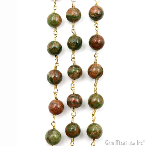 Unakite Cabochon Beads 8mm Gold Plated Gemstone Rosary Chain