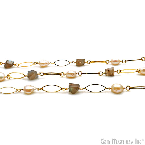 Labradorite & Pearl With Gold Marquise Finding Rosary Chain