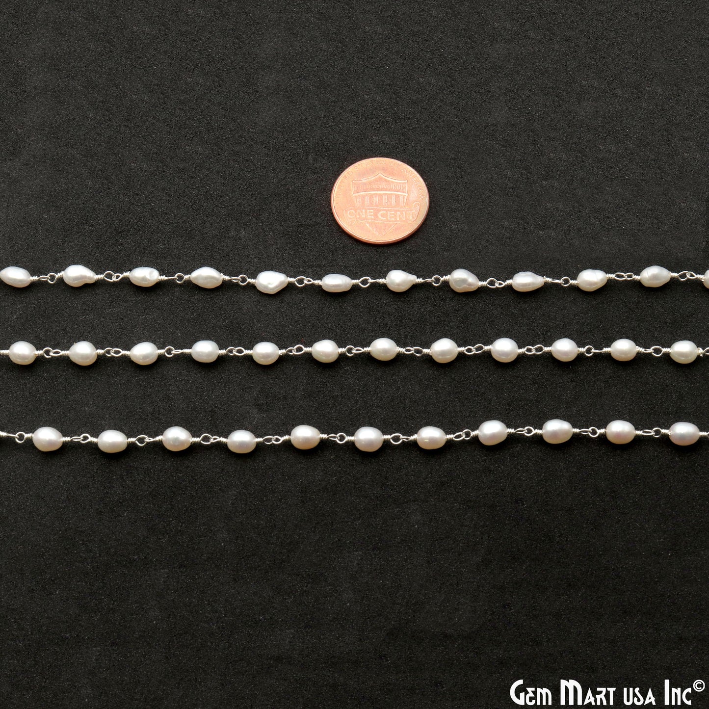 Pearl Free Form Beads 6x4mm Silver Plated Wire Wrapped Rosary Chain