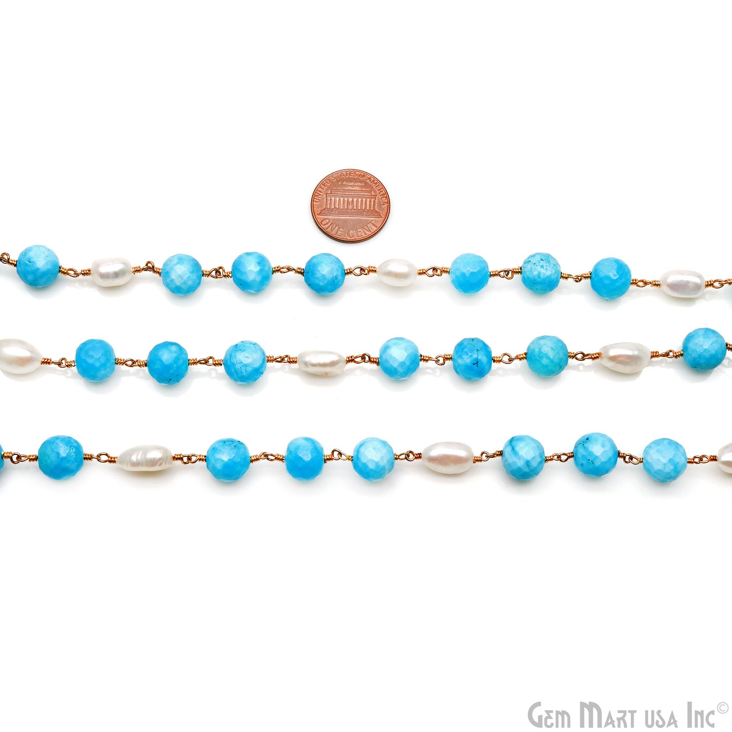 Turquoise & Pearl With Gold Wire Wrapped Rosary Chain