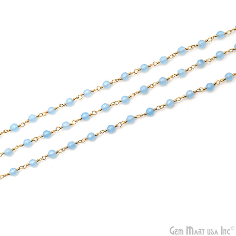 Light Blue Jade Faceted Beads 4mm Gold Plated Wire Wrapped Rosary Chain