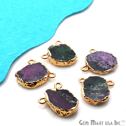 Rough Ruby Zoisite Gemstone 15x12mm Gold Edge Cat Bail Connector Charm - GemMartUSA