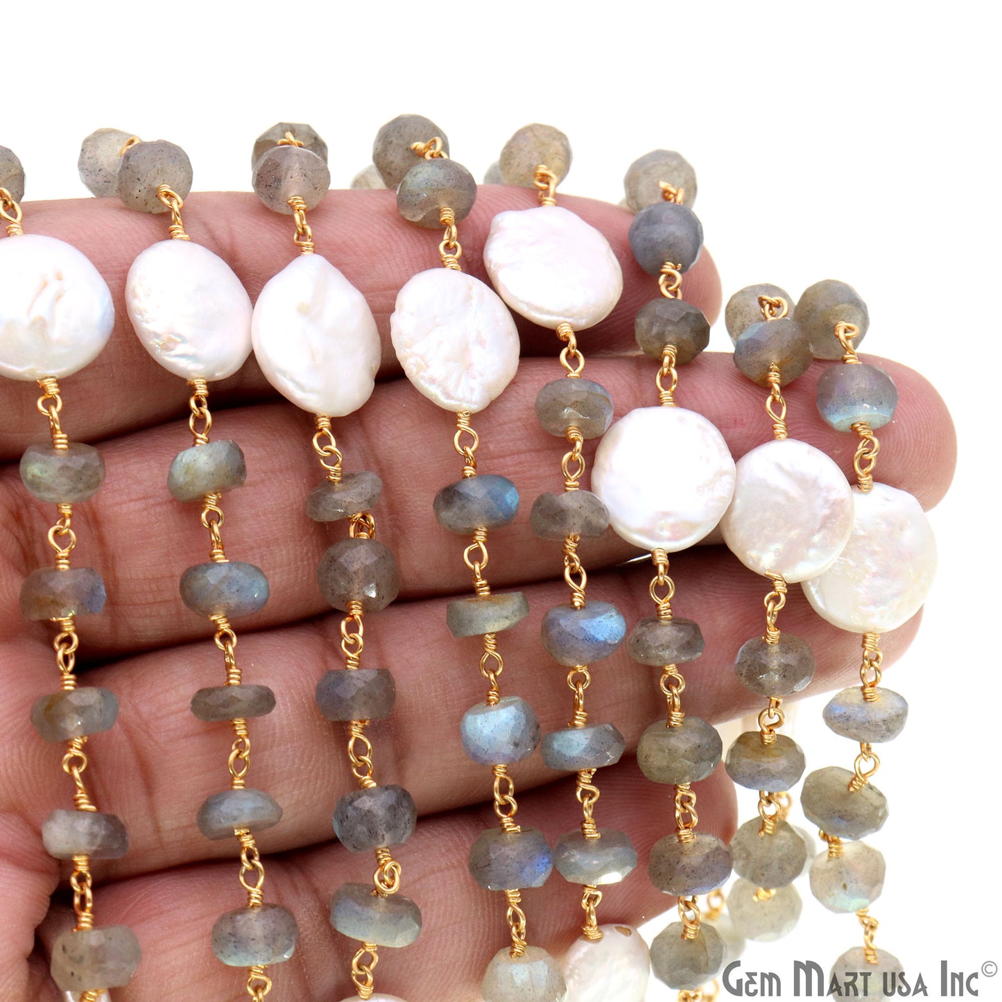 Labradorite Rondelle Beads 7-8mm & Pearl 13mm Beads Gold Plated Rosary Chain