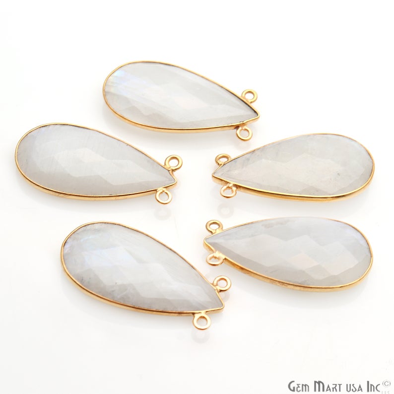 Rainbow Moonstone 30x16mm Pears Gold Plated Double Bail Connector - GemMartUSA