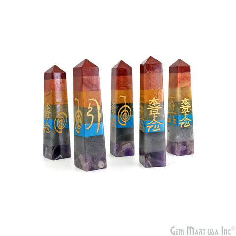 7 Chakra Tower Rectangle Engraved Symbols Reiki Healing Meditation Gemstones 4 Inch