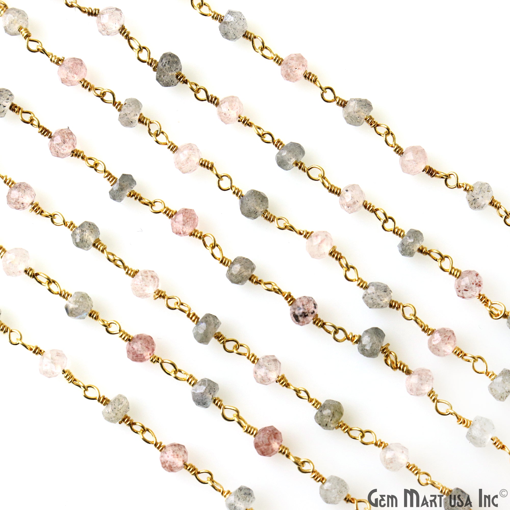 Strawberry Quartz & Labradorite Faceted Beads Gold Plated Wire Wrapped Rosary Chain