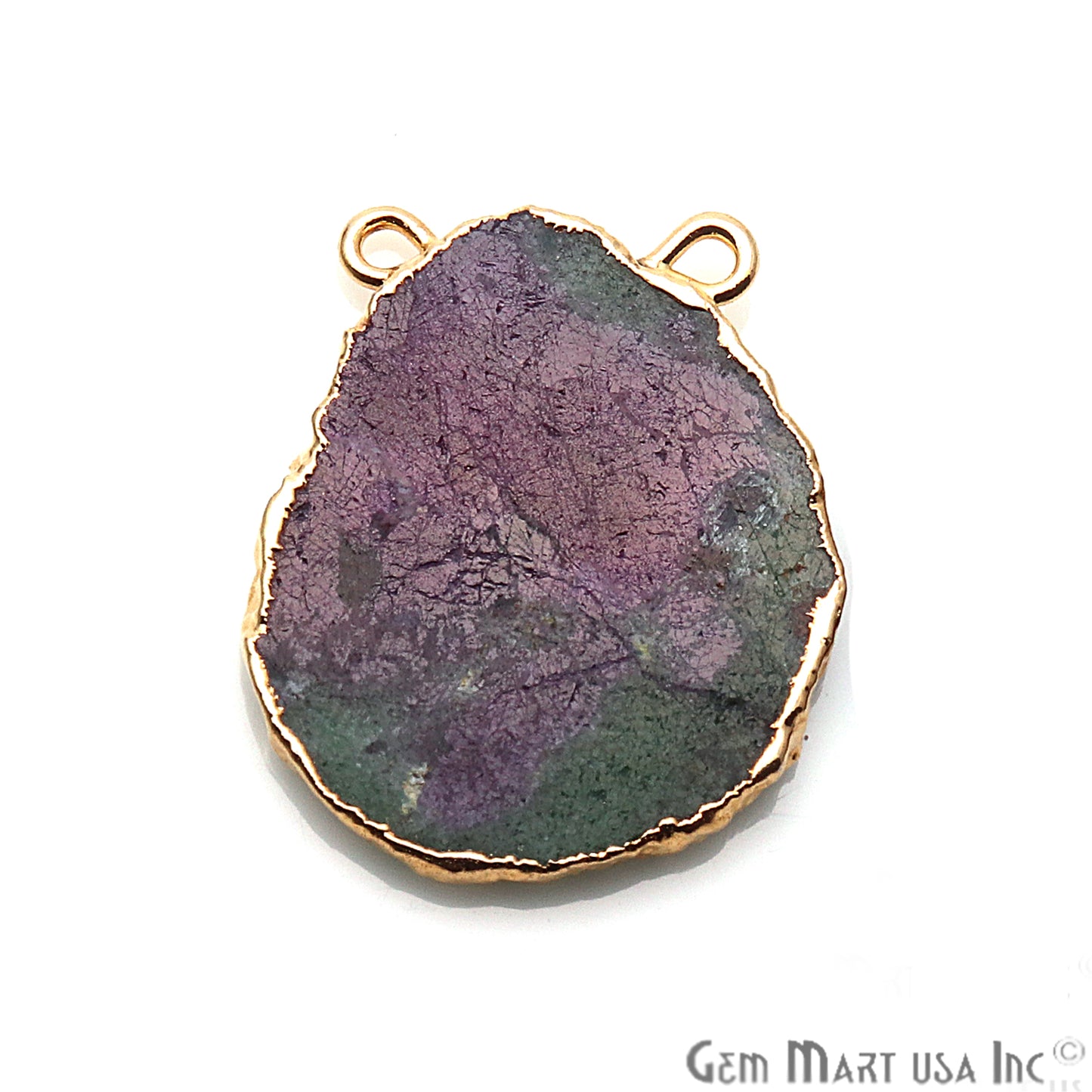 Rough Ruby Zoisite Gemstone 23x17mm Gold Edge Cat Bail Connector Charm - GemMartUSA