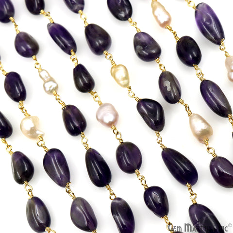 Amethyst & Pearl Tumbled Beads Gold Plated Wire Wrapped Rosary Chain