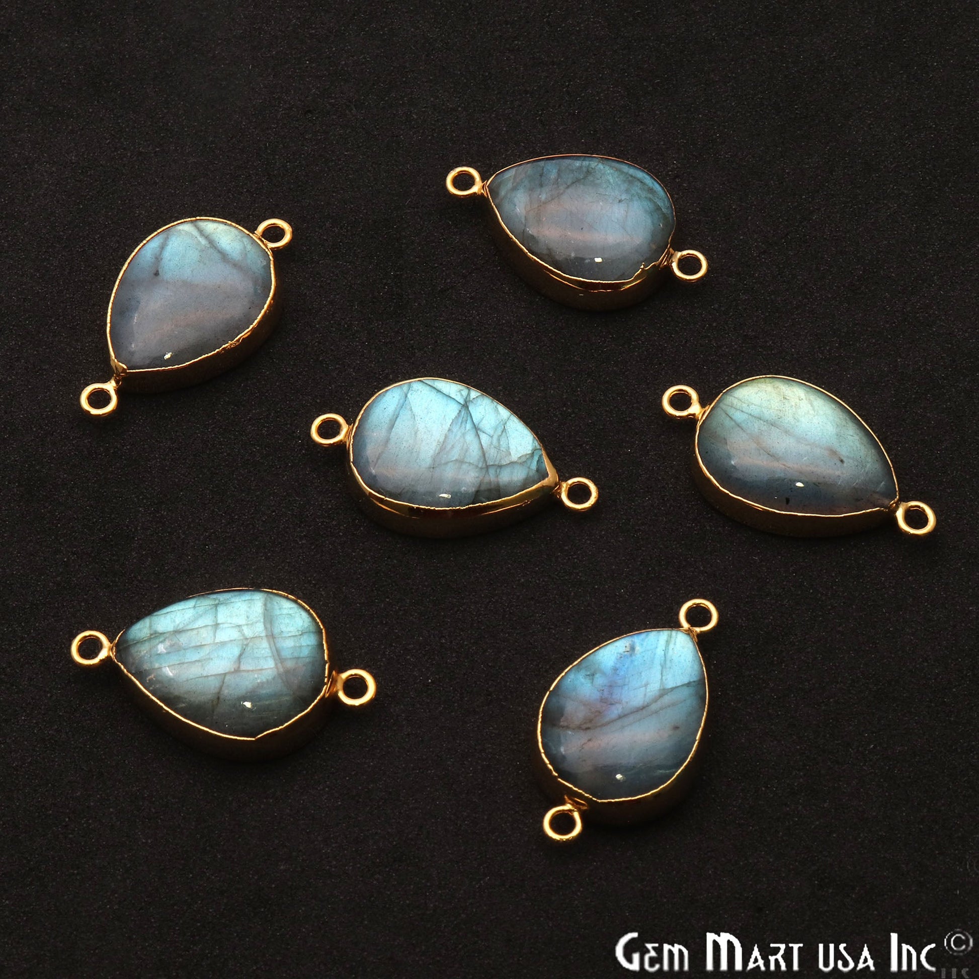 Labradorite Cabochon 27x15mm Pears Gold Electroplated Double Bail Gemstone Connector - GemMartUSA