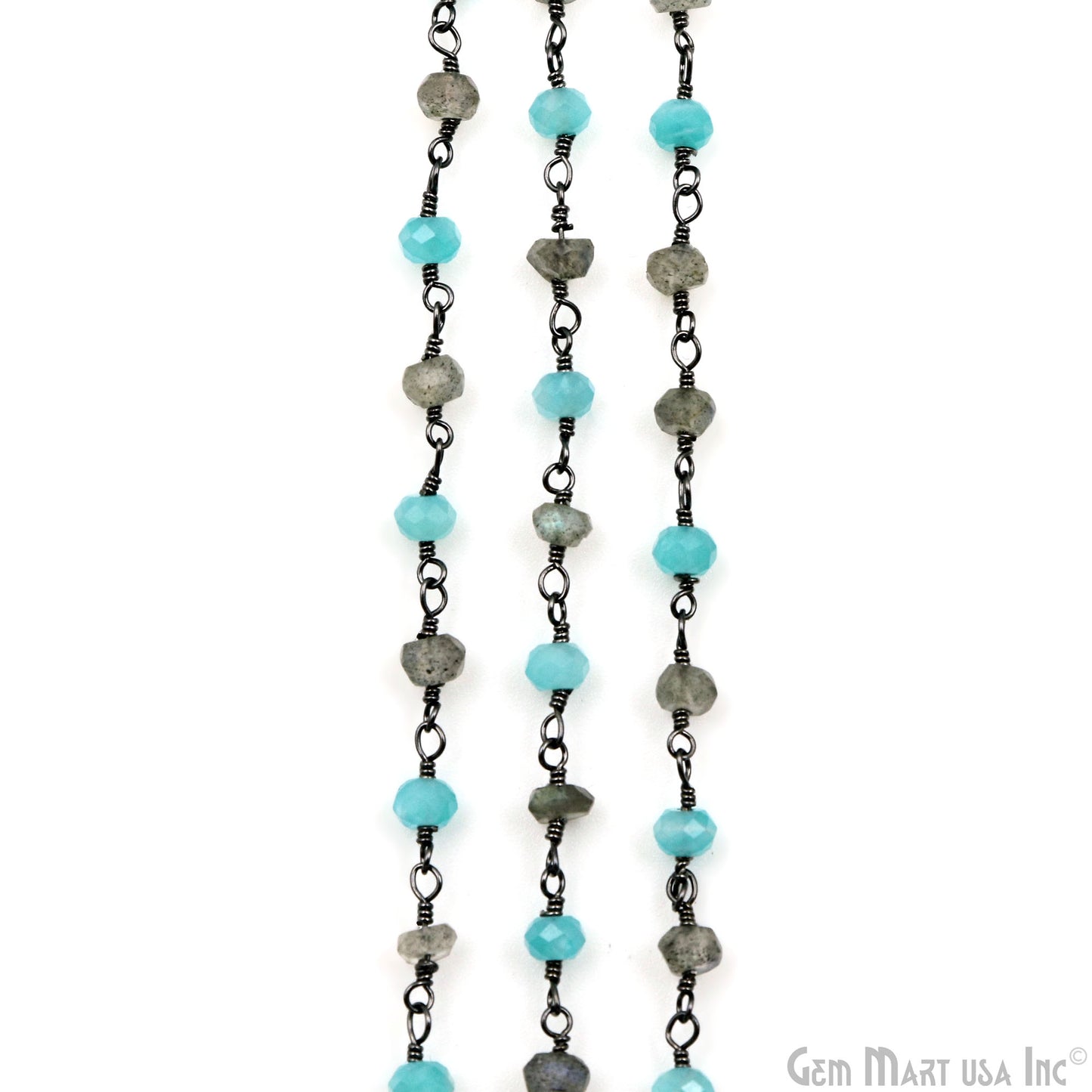 Aqua Chalcedony & Labradorite Faceted Beads 3-3.5mm Oxidized Gemstone Rosary Chain