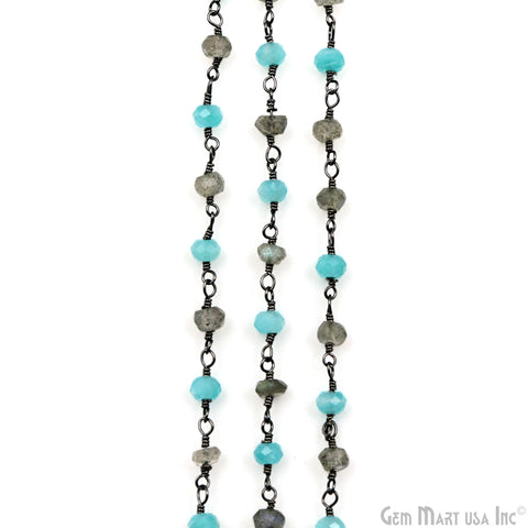 Aqua Chalcedony & Labradorite Faceted Beads 3-3.5mm Oxidized Gemstone Rosary Chain