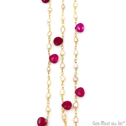 Pearl And Hot Pink Chalcedony Faceted Beads Gold Wire Wrapped Beads Rosary Chain