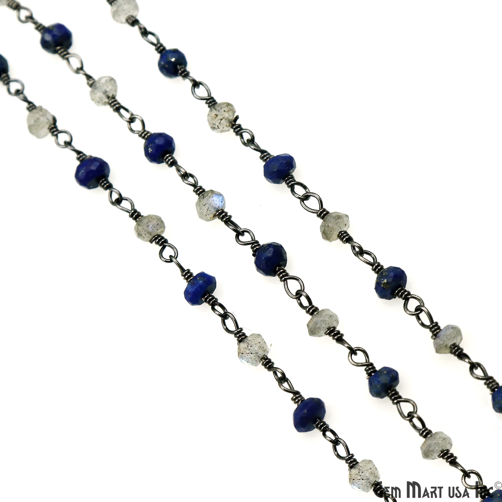 Lapis & Labradorite 3-3.5mm Oxidized Faceted Beads Wire Wrapped Rosary Chain