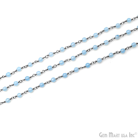 Light Blue Jade Faceted Beads 4mm Oxidized Wire Wrapped Rosary Chain