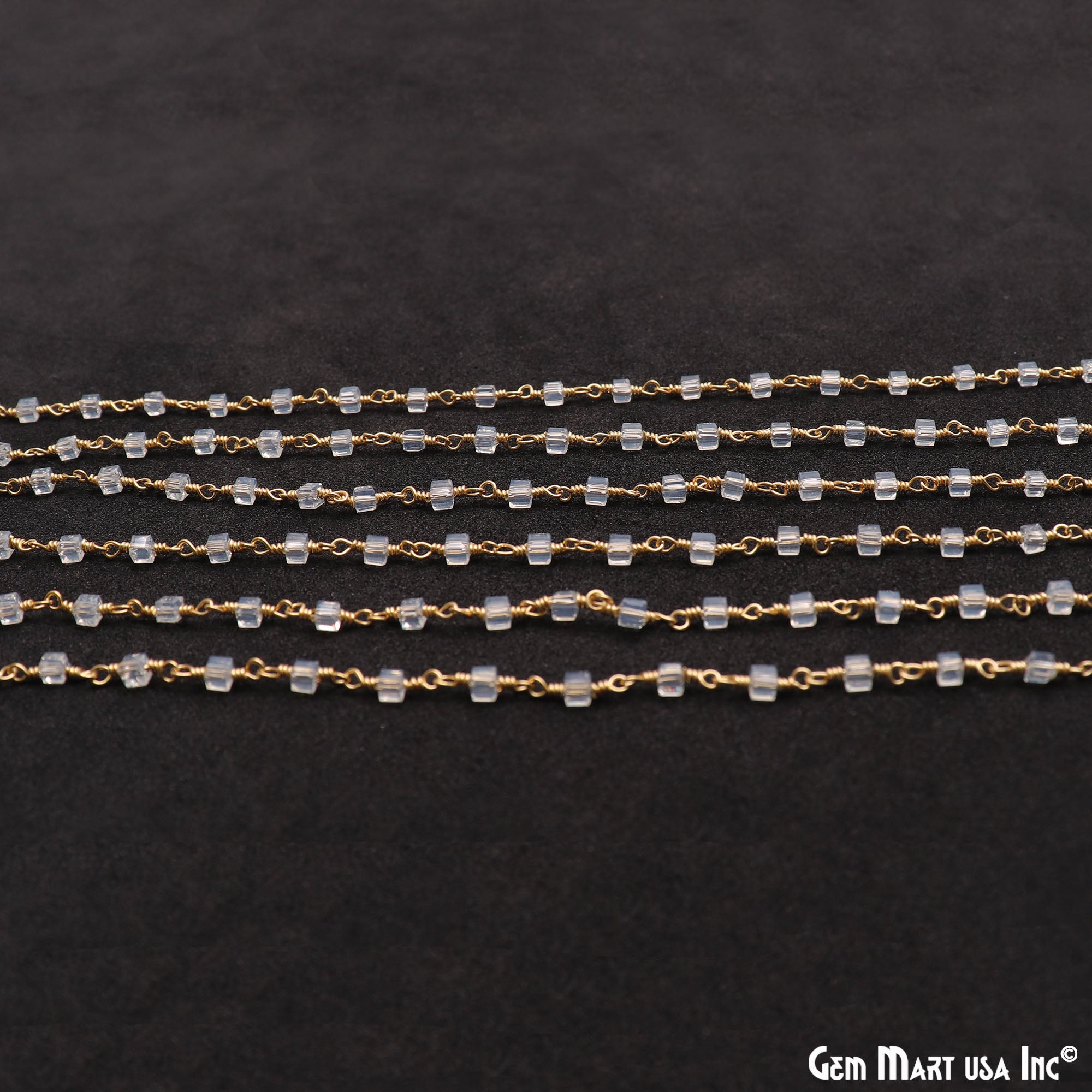 Crystal Cube Faceted 2mm Gold Wire Wrapped Rosary Chain - GemMartUSA