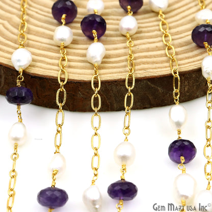 Amethyst & Pearl Round Beads Gold Plated Finding Rosary Chain