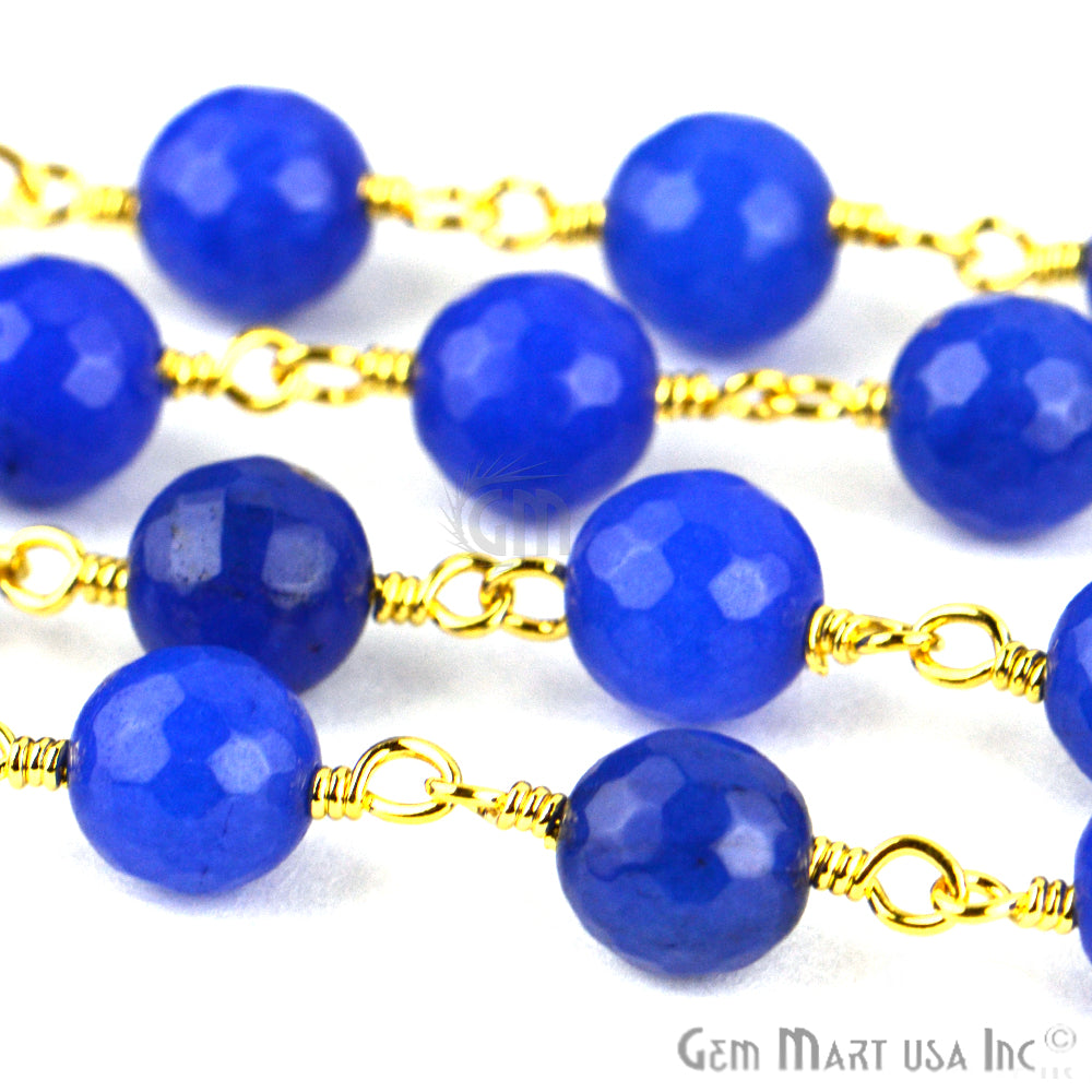 Blue Jade 8mm Beads Gold Plated Wire Wrapped Rosary Chain - GemMartUSA (762910638127)