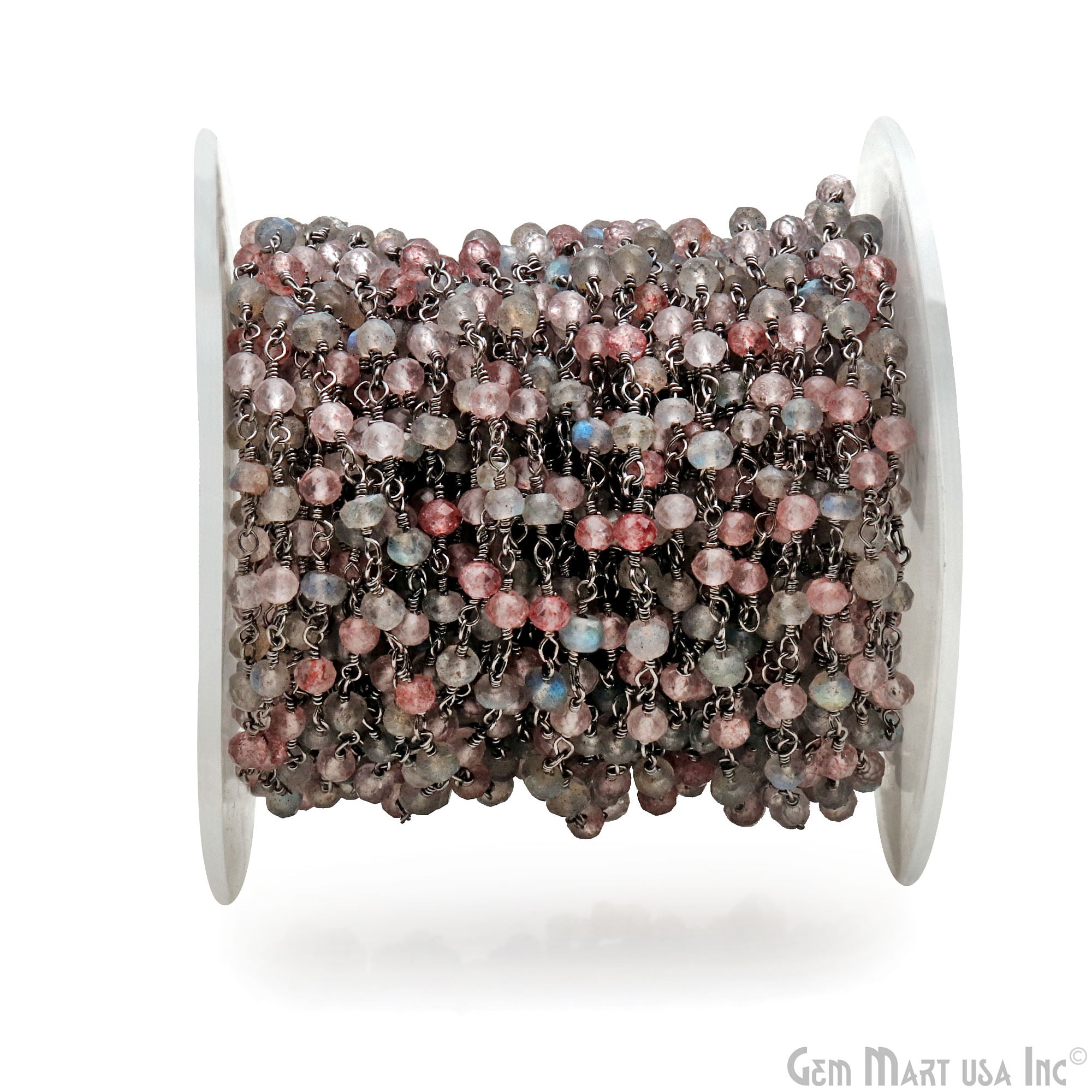 Labradorite & Strawberry Quartz Beads 3-3.5mm Oxidized Wire Wrapped Rosary Chain