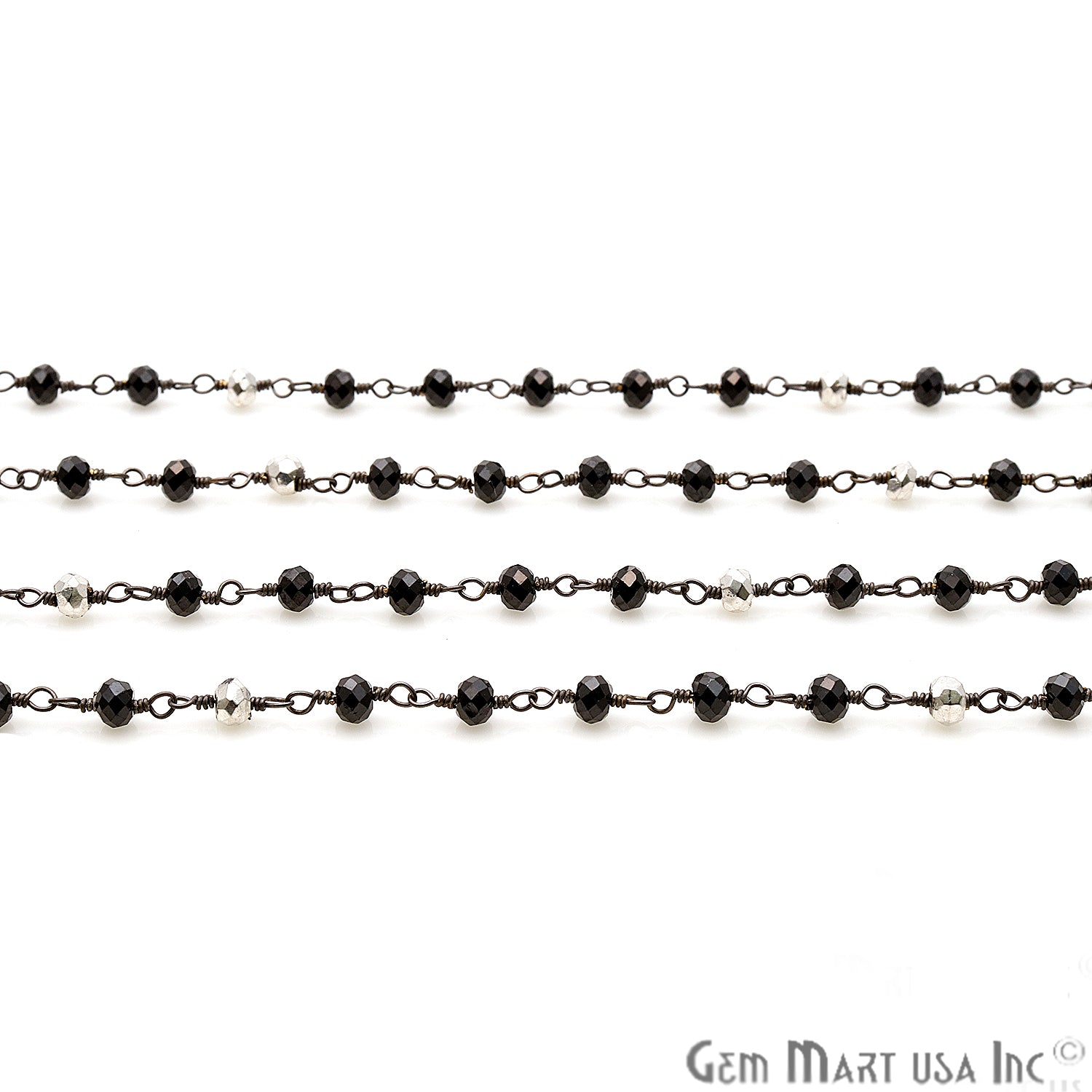 Black Spinel & Silver Pyrite 3-3.5mm Oxidized Wire Wrapped Rosary - GemMartUSA