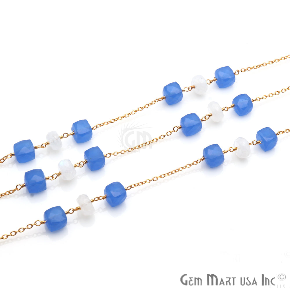 Rainbow Moonstone 8-9mm Blue Chalcedony 7-8mm Beaded Gold Plated Wire Wrapped Rosary Chain