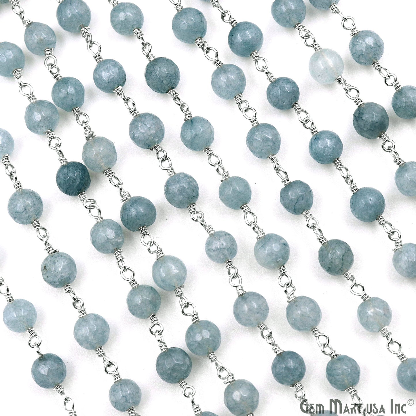 Gray Jade 6mm Faceted Beads Silver Wire Wrapped Rosary Chain