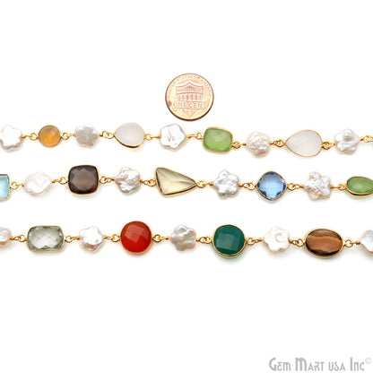 Multi-Color & Mix Shape Gemstone With Star Pearl Beads 10-15mm Gold Plated Bezel Faceted Continuous Connector Chains