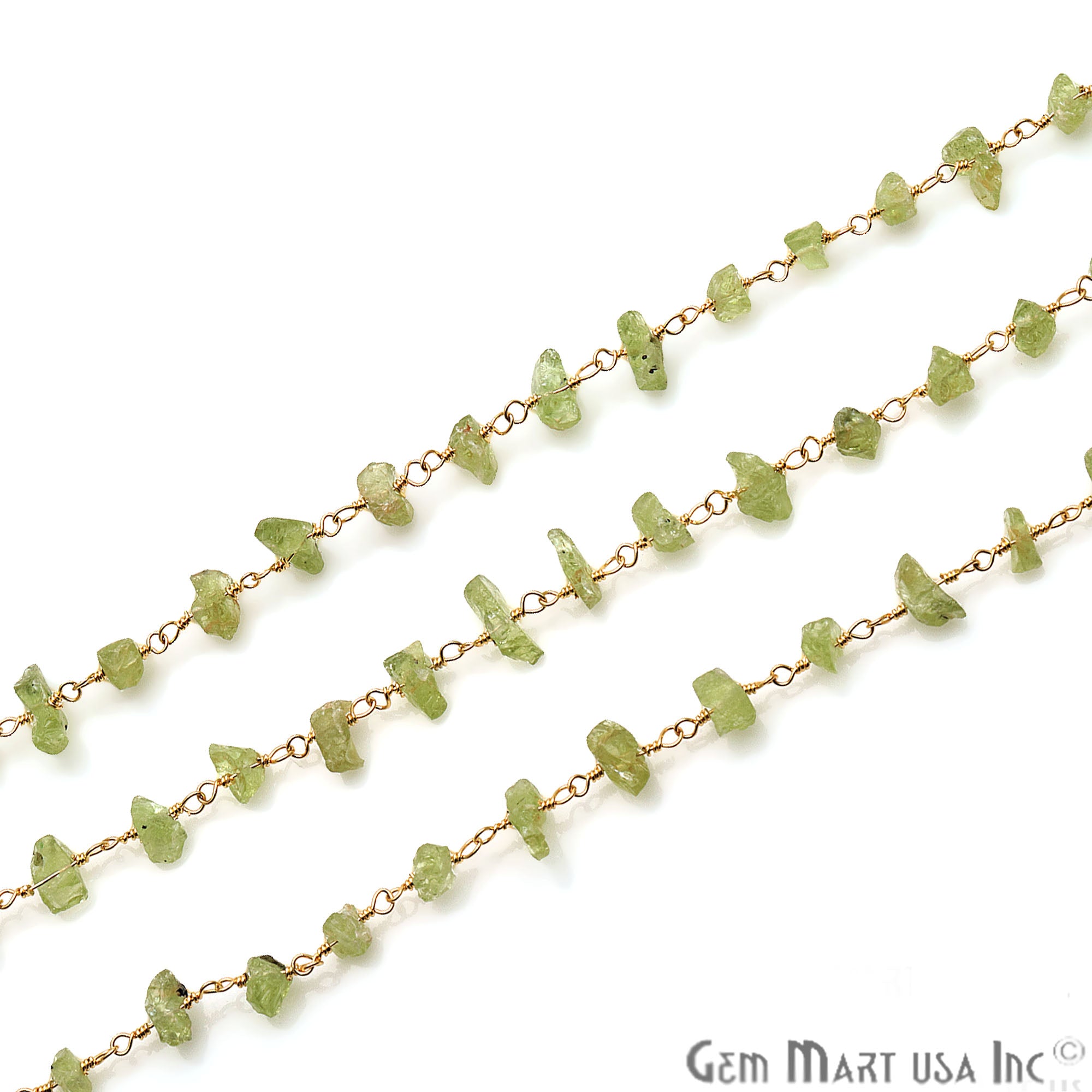Peridot 10x6mm Nugget Chip Gold Plated Wire Wrapped Rosary Chain - GemMartUSA