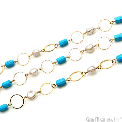 Turquoise & Pearl With Gold Round Finding Rosary Chain