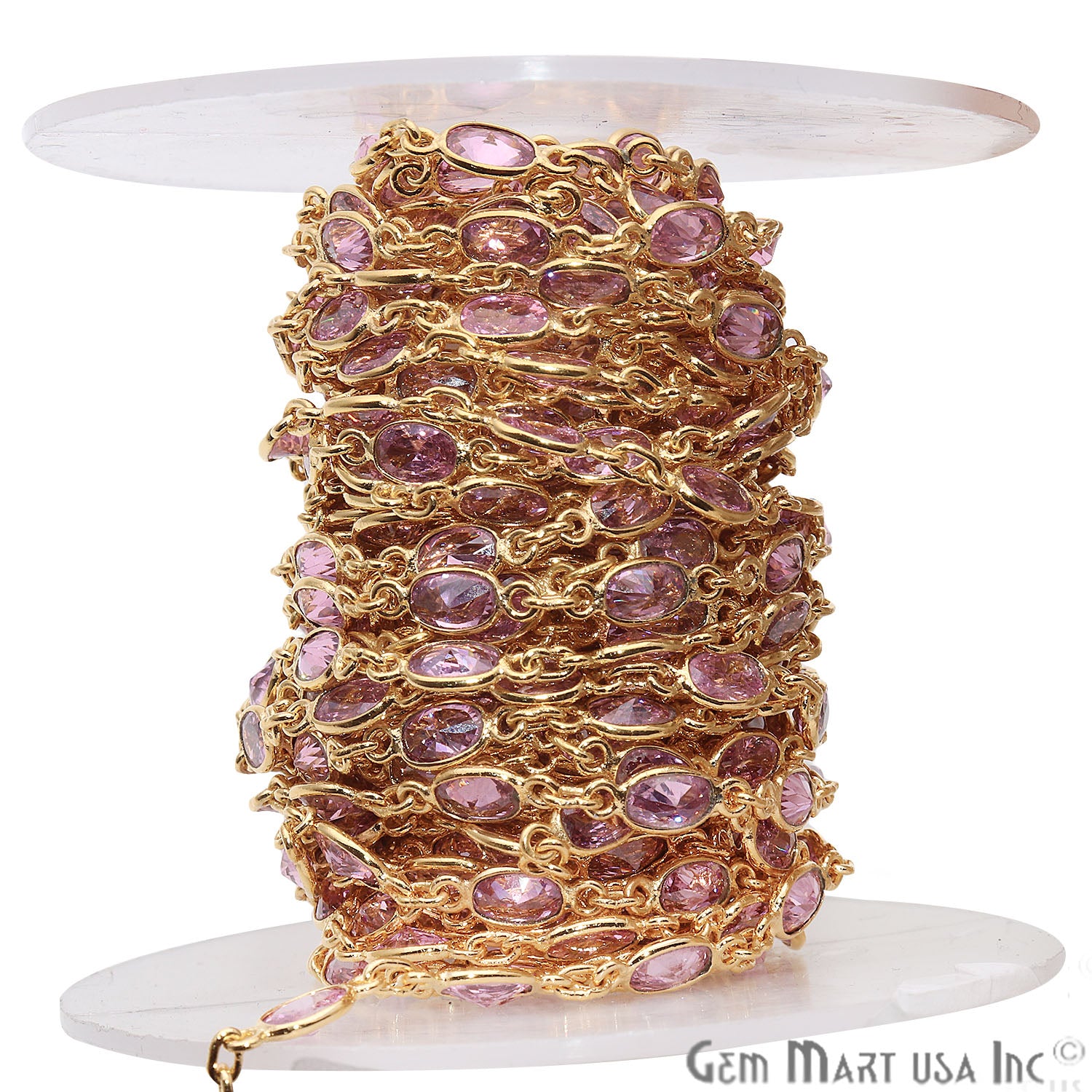 Pink Zirconia 6x4mm Oval Gold Plated Continuous Connector Chain - GemMartUSA