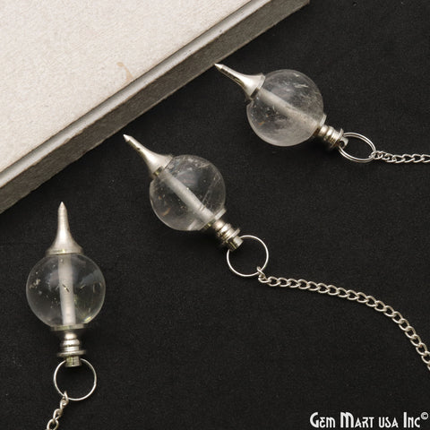 Handcrafted Crystal Ball 41x20mm Healing Dowsing Pointed Pendulum Pendant Silver Plated Chain Ball Shaped Gemstone