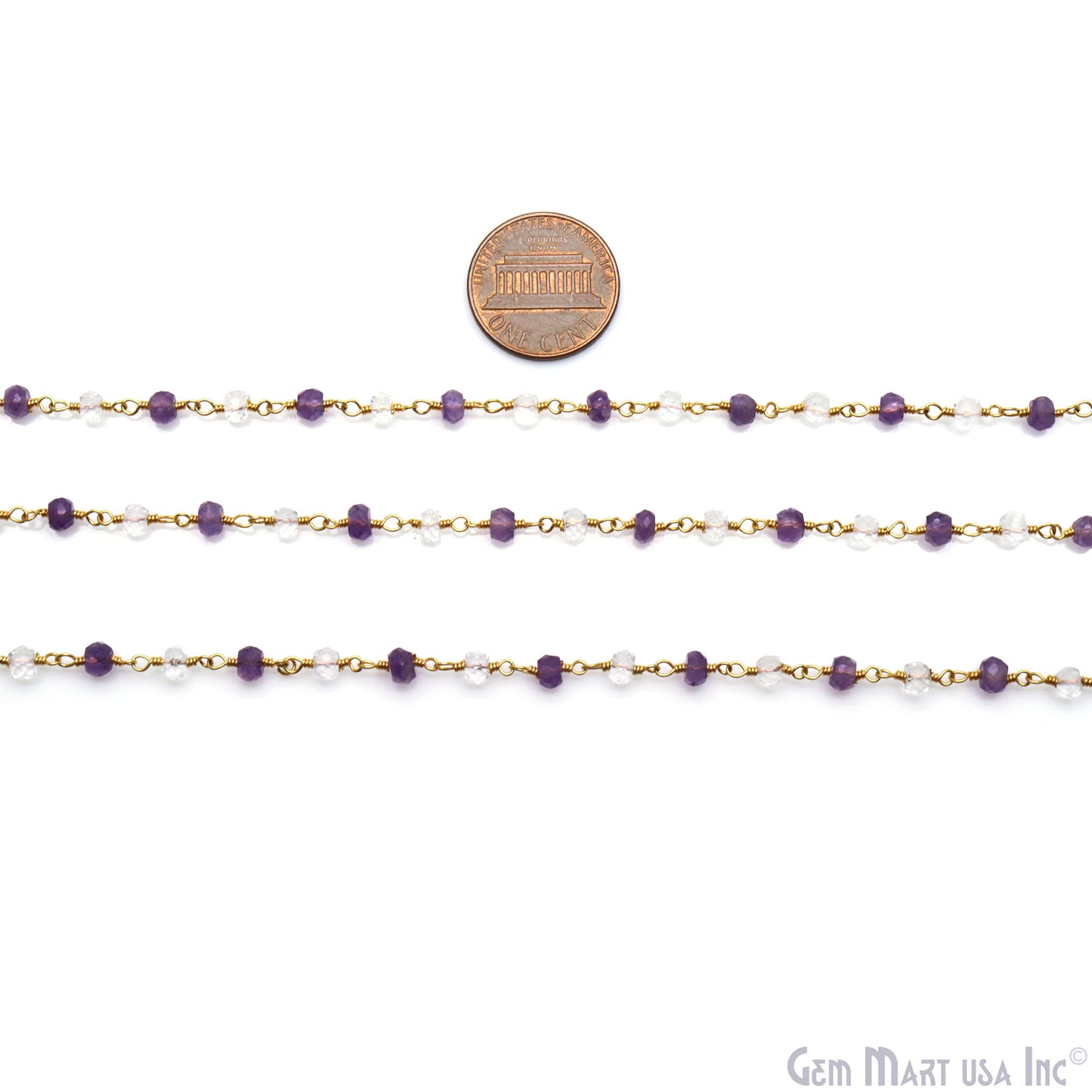 Amethyst & Crystal Faceted Beads 4mm Gold Wire Wrapped Rosary Chain