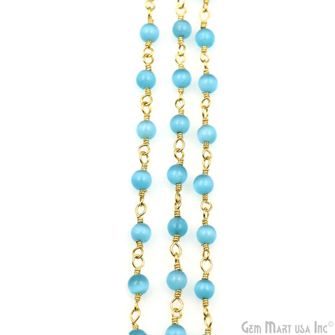 Blue Monalisa Cabochon 4mm Gold Wire Wrapped Rosary Chain
