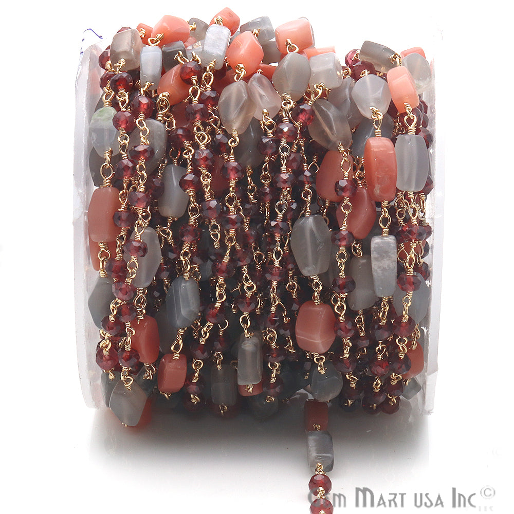 Moonstone & Garnet Multi Gemstone Beaded Wire Wrapped Rosary Chain - GemMartUSA