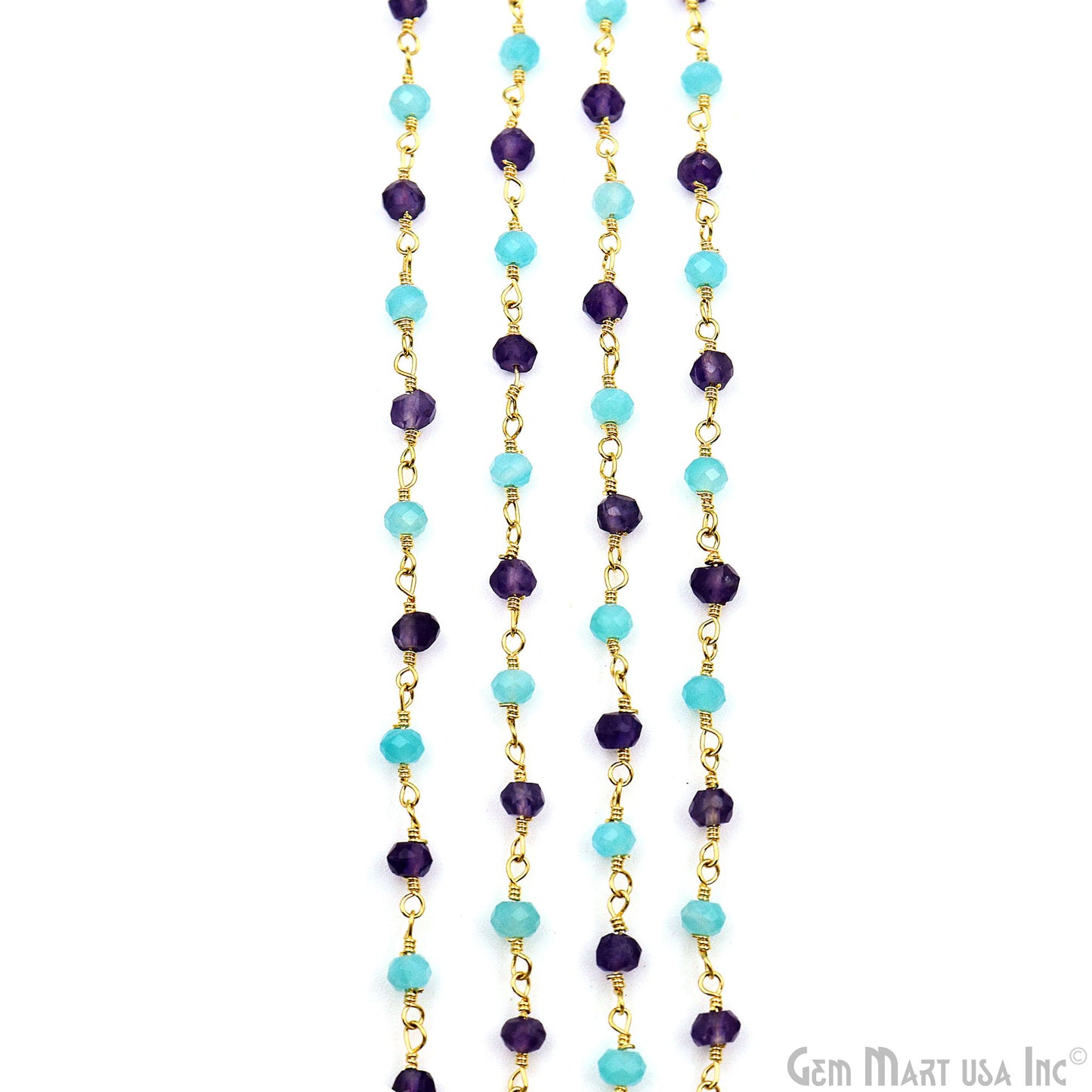 Amethyst & Amazonite Beads 3-3.5mm Gold Plated Wire Wrapped Rosary Chain