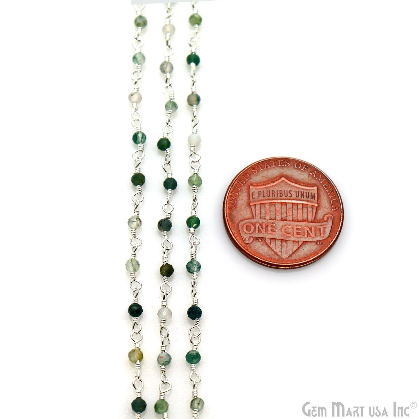 Moss Agate 2-2.5mm Tiny Beads Silver Plated Wire Wrapped Rosary Chain