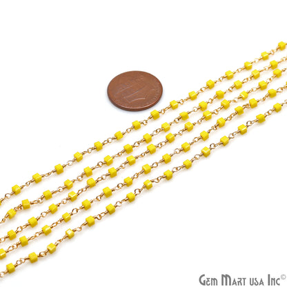 Yellow Agate Cube Faceted 2mm Gold Wire Wrapped Rosary Chain - GemMartUSA