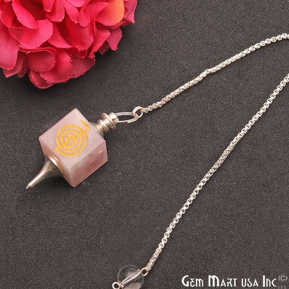 Rose Quartz Pendulum Pendant, Cube shaped Carved Gemstone, Silver Plated Chain, Dowsing Pendulum, Healing Reiki Stone 36X13MM - GemMartUSA