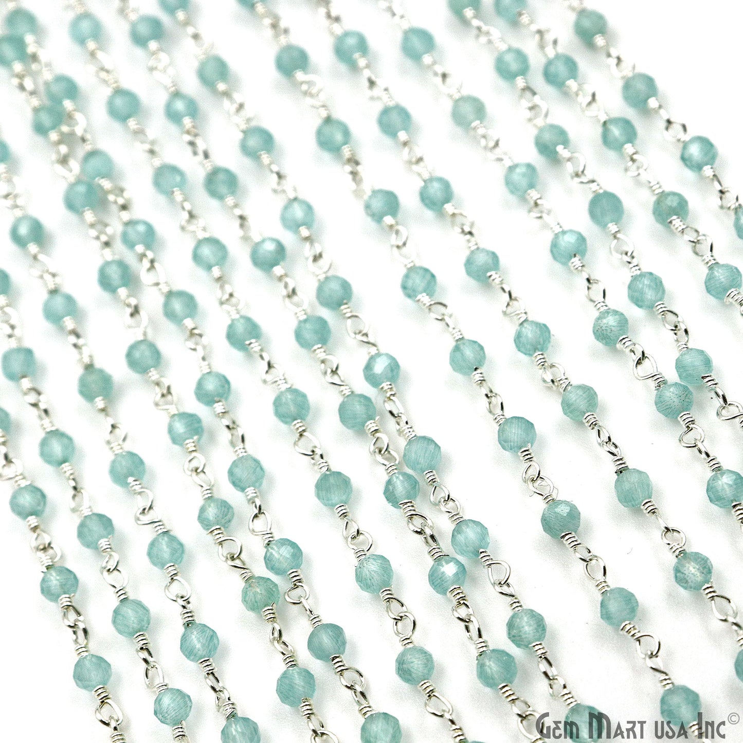 Aqua Monalisa Faceted Beads 3-3.5mm Silver Plated Gemstone Rosary Chain