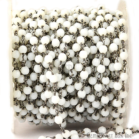 White Agate Jade Faceted Beads 4mm Oxidized Wire Wrapped Rosary Chain - GemMartUSA
