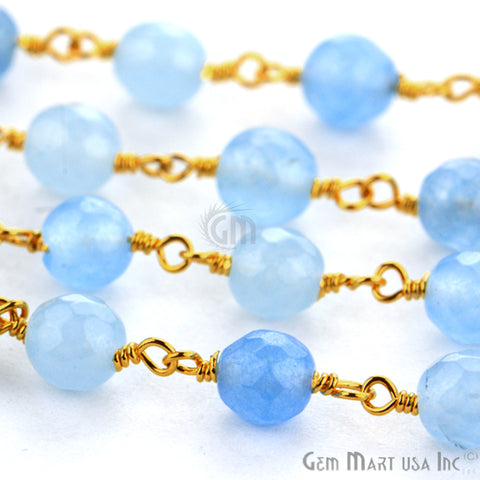 Baby Blue Jade Faceted Beads Gold Plated Wire Wrapped Rosary Chain - GemMartUSA