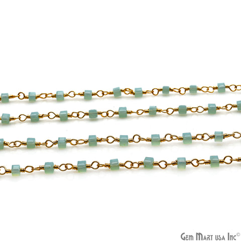 Aqua Chalcedony Cube Faceted 2mm Gold Wire Wrapped Rosary Chain - GemMartUSA